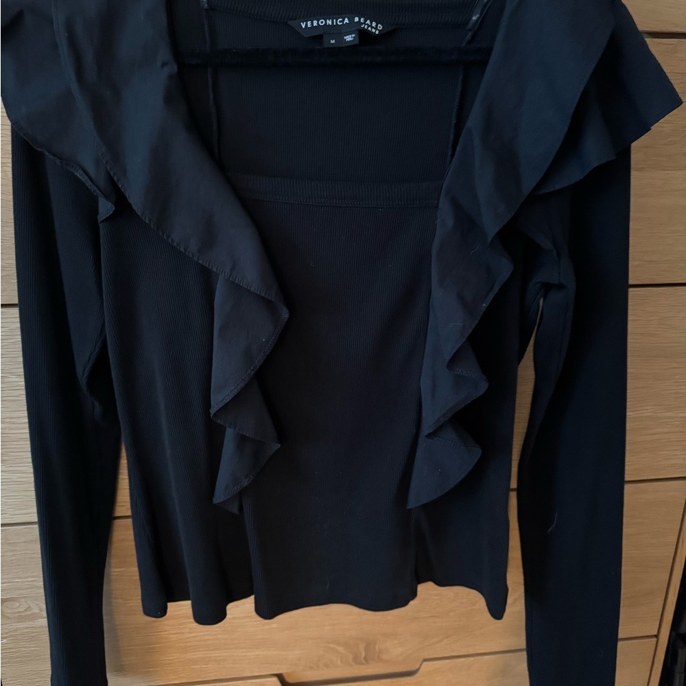 Veronica Beard Black Ruffle-Front Long Sleeve Top